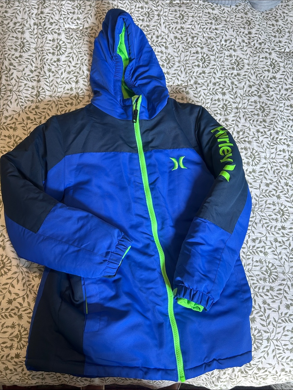 Hurley Blue and Neon Green Kids Hooded Puffer Jacket